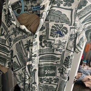 Tommy Bahama Olive and Cream Tropical Shirt and tan shorts set